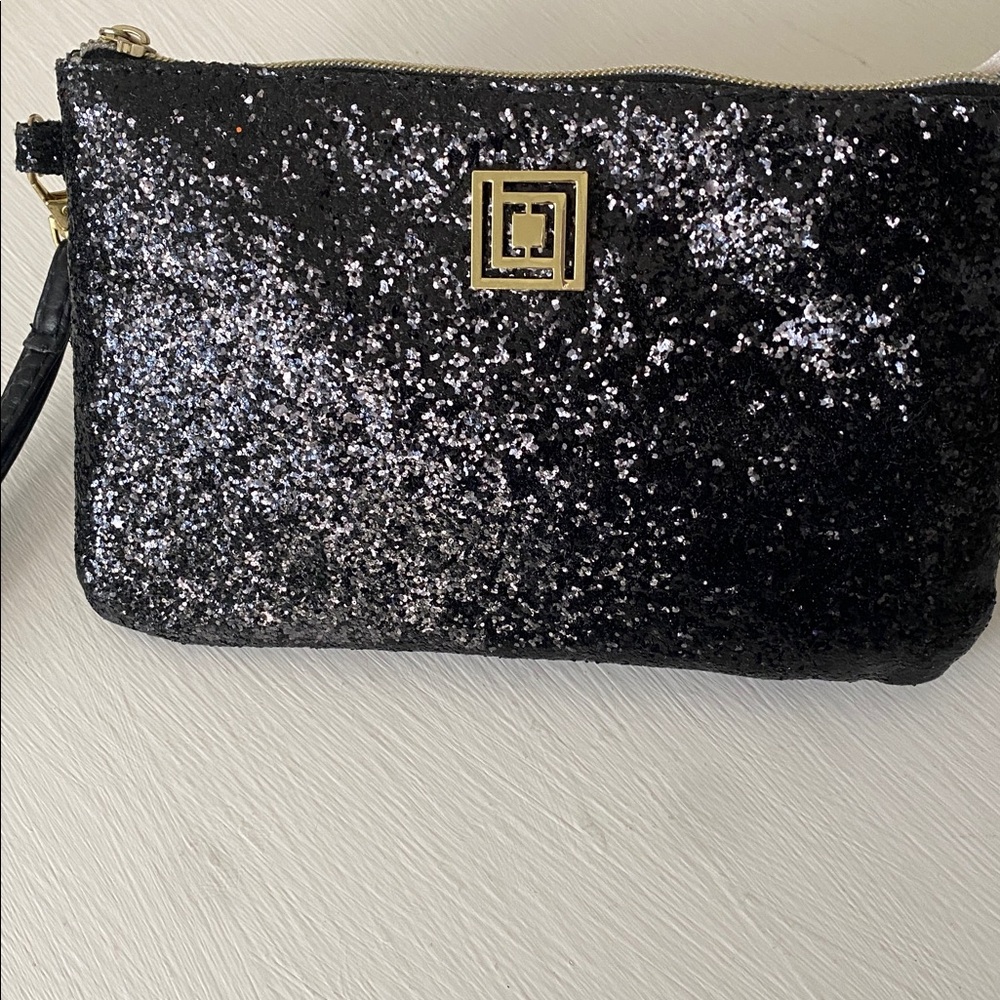 Liz Claiborne Black Glitter Shimmer Large Wristlet Like New with Phone Charger - Picture 5 of 17